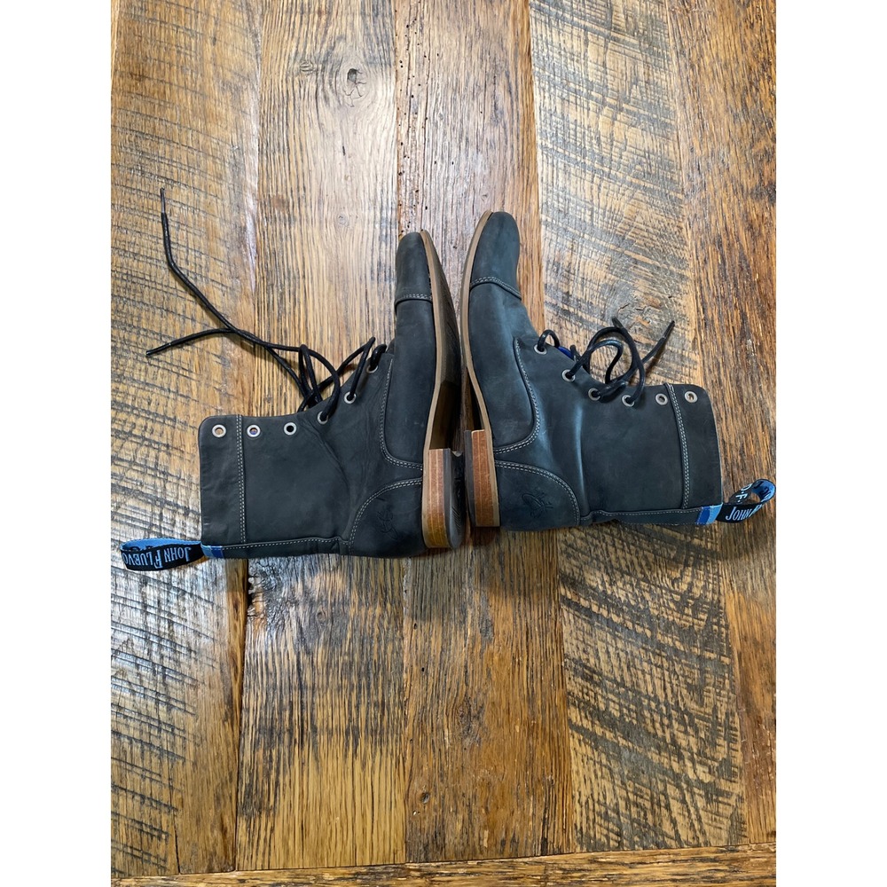John Fluevog Grey Nubuck Leather Combat Boots Blue Lining Laces Size 7.5  Women - Picture 5 of 8
